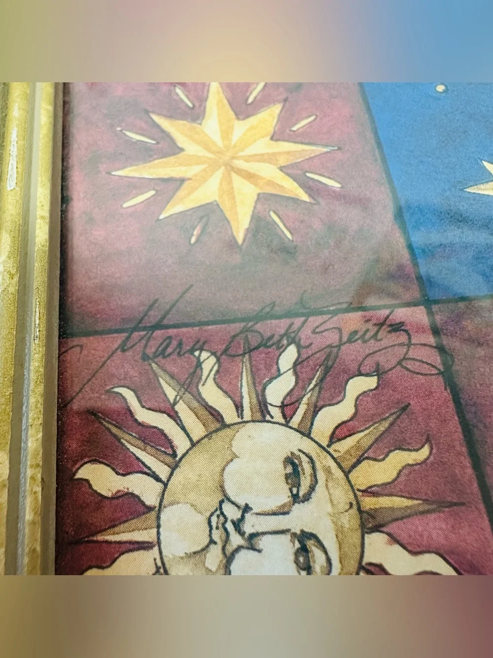 Rare Vintage 90s Mary Beth Zeitz Celestial Moon & Stars Framed Art 14.5 X 14.5